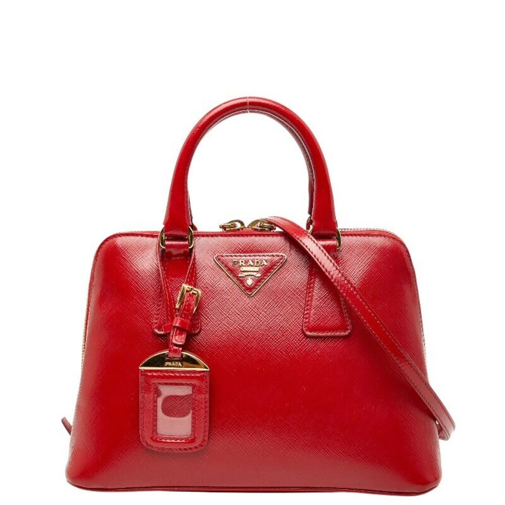 Prada Bag Plate Triangle Saffiano Leather Logo Shoulder Red Handbag - Picture 2 of 9